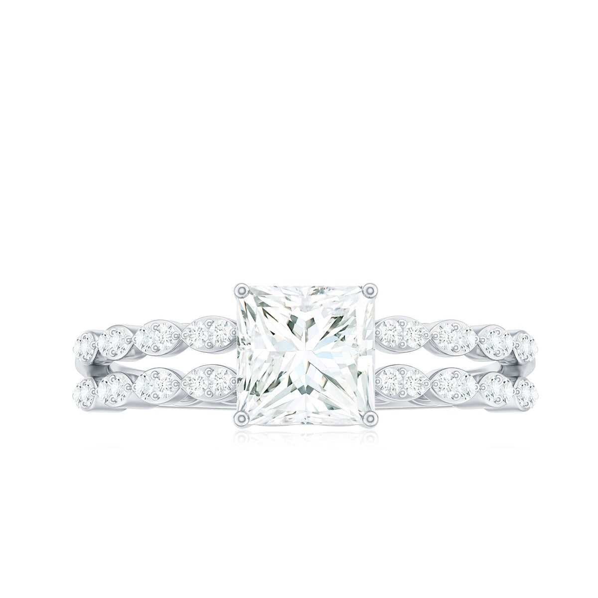 Princess cut zircon double band engagement ring with side stones, featuring sparkling gemstones and intricate silver detailing.