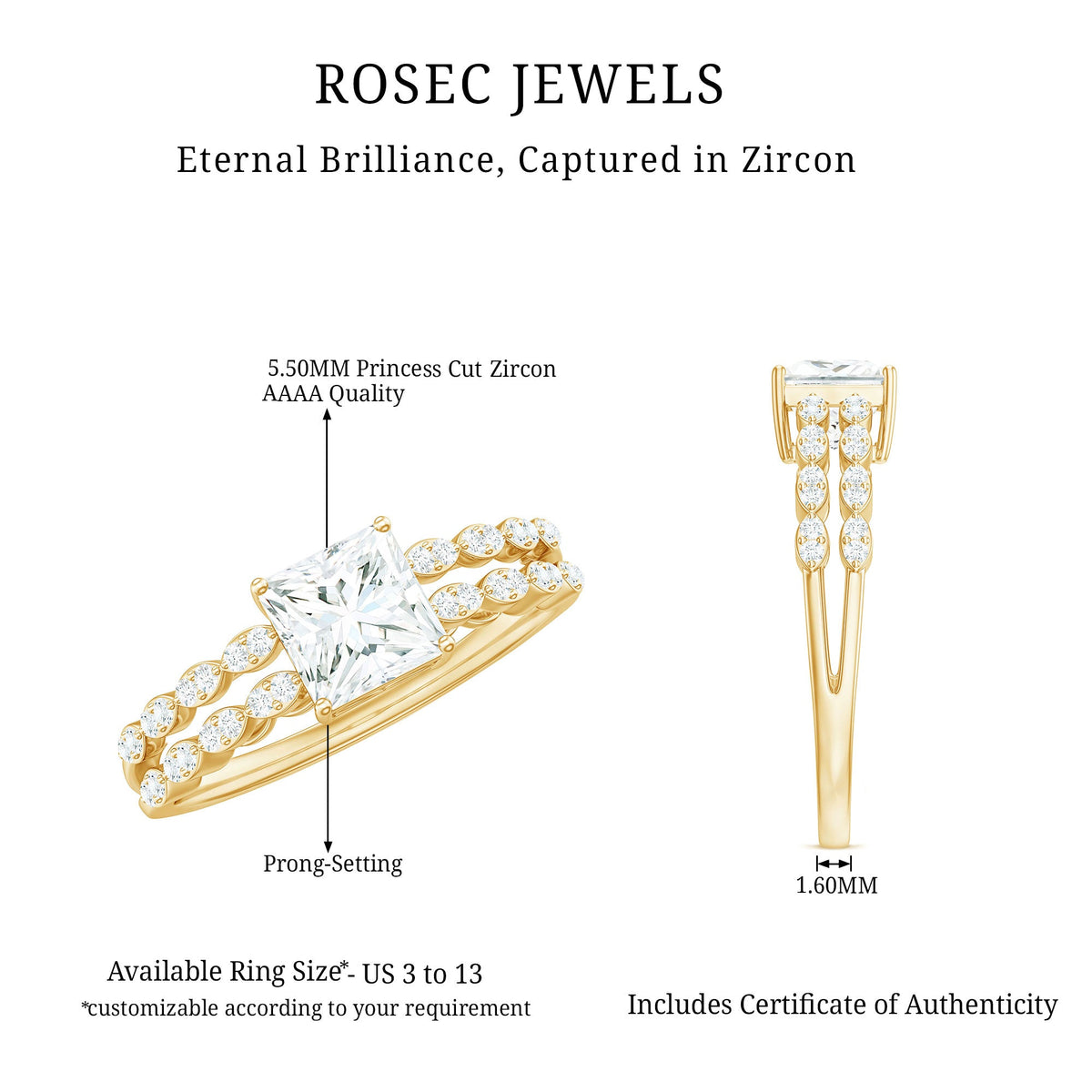 Princess cut zircon double band engagement ring with side stones by Rosec Jewels, showcasing sparkling design and elegant craftsmanship.