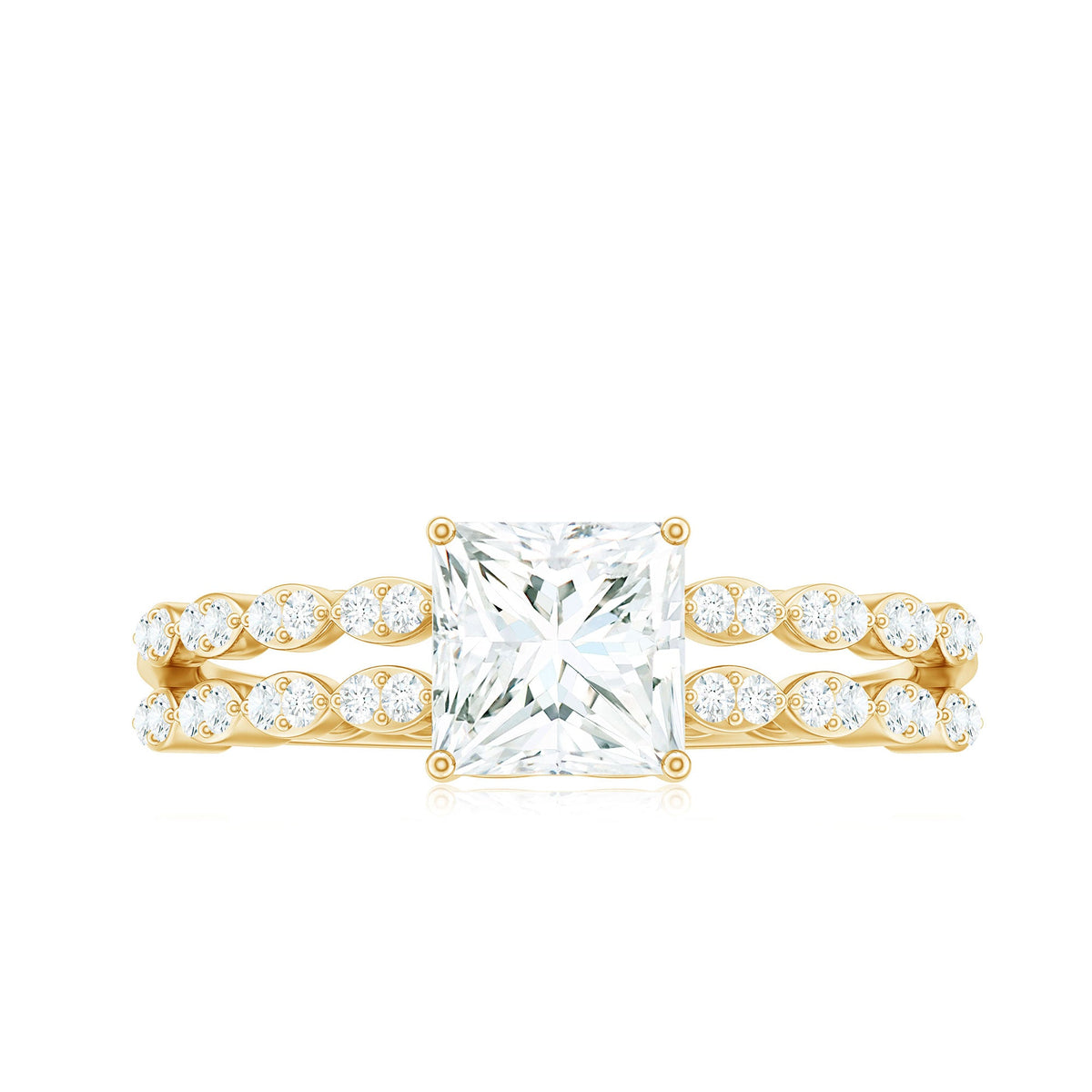 Princess cut zircon engagement ring with double band and side stones by Rosec Jewels, featuring intricate metalwork and sparkling accents.