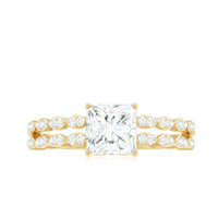 Princess cut zircon engagement ring with double band and side stones by Rosec Jewels, featuring intricate metalwork and sparkling accents.