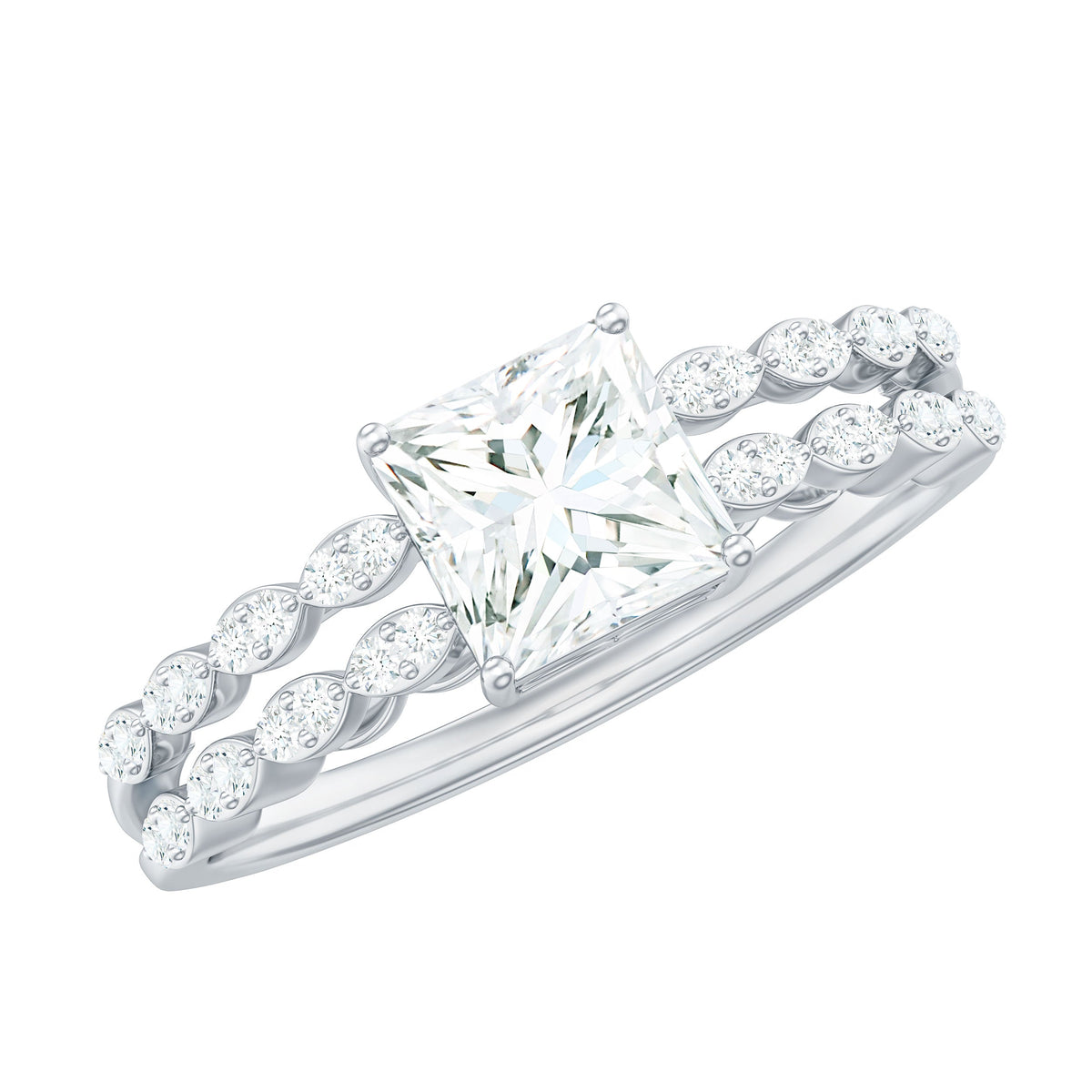Certified Moissanite princess cut engagement ring with double band by Rosec Jewels, showcasing sparkling stones and intricate design.