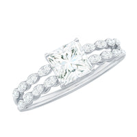 Certified Moissanite princess cut engagement ring with double band by Rosec Jewels, showcasing sparkling stones and intricate design.