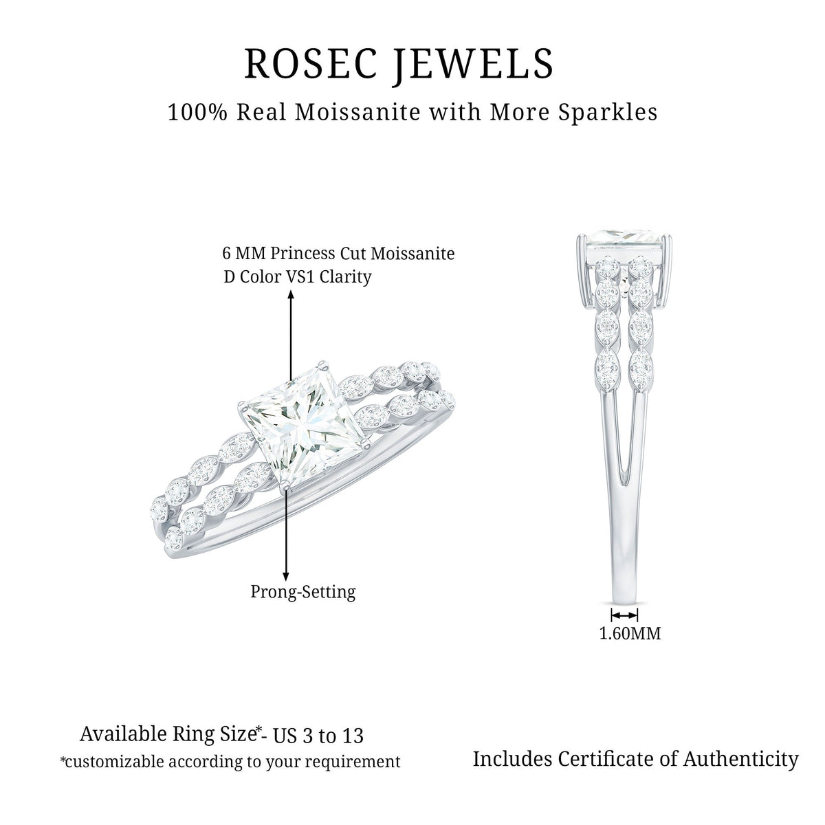 Certified Moissanite princess cut engagement ring with double band, featuring sparkling stones and intricate metalwork.