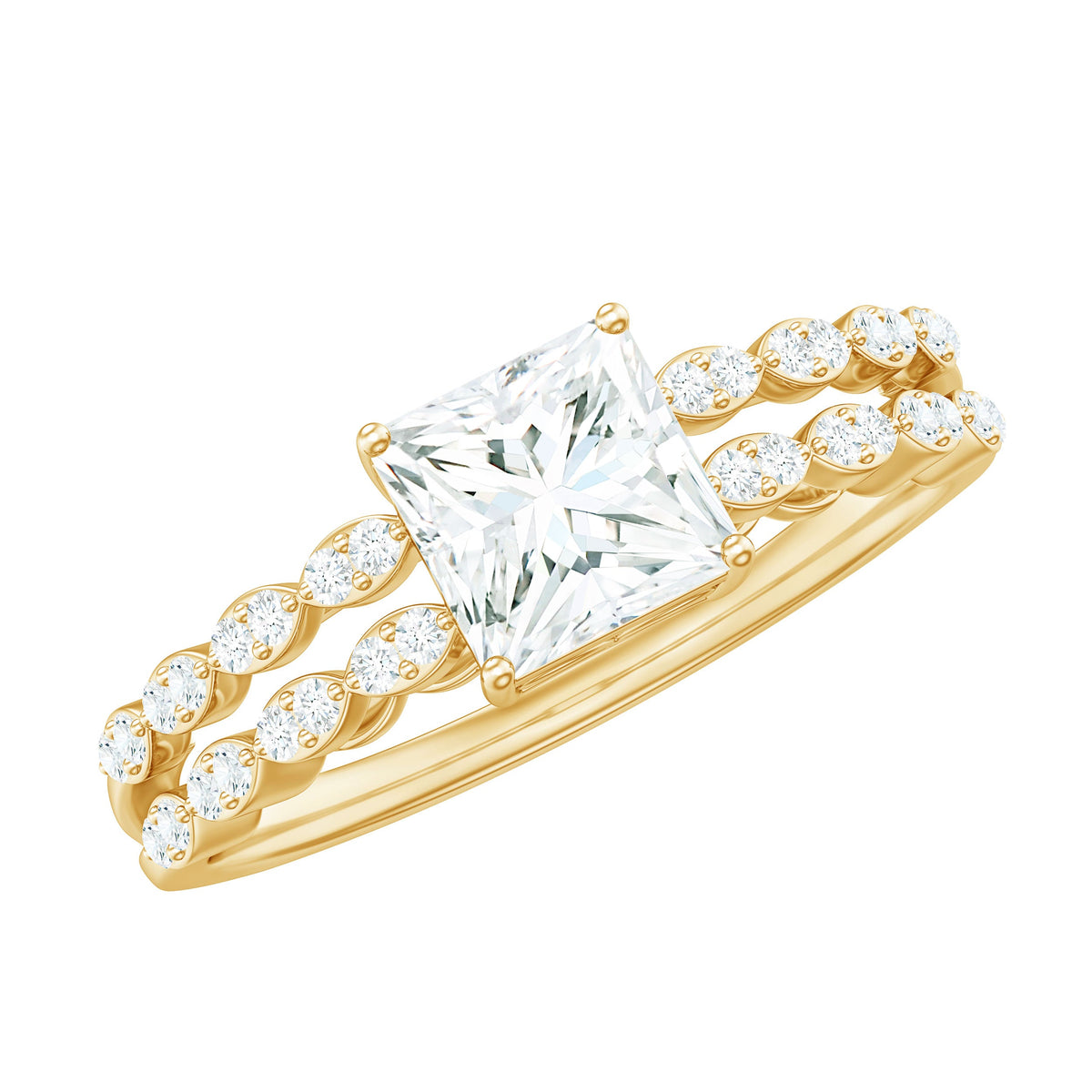 Certified moissanite princess cut engagement ring with double band from Rosec Jewels, featuring sparkling gemstones and intricate design.
