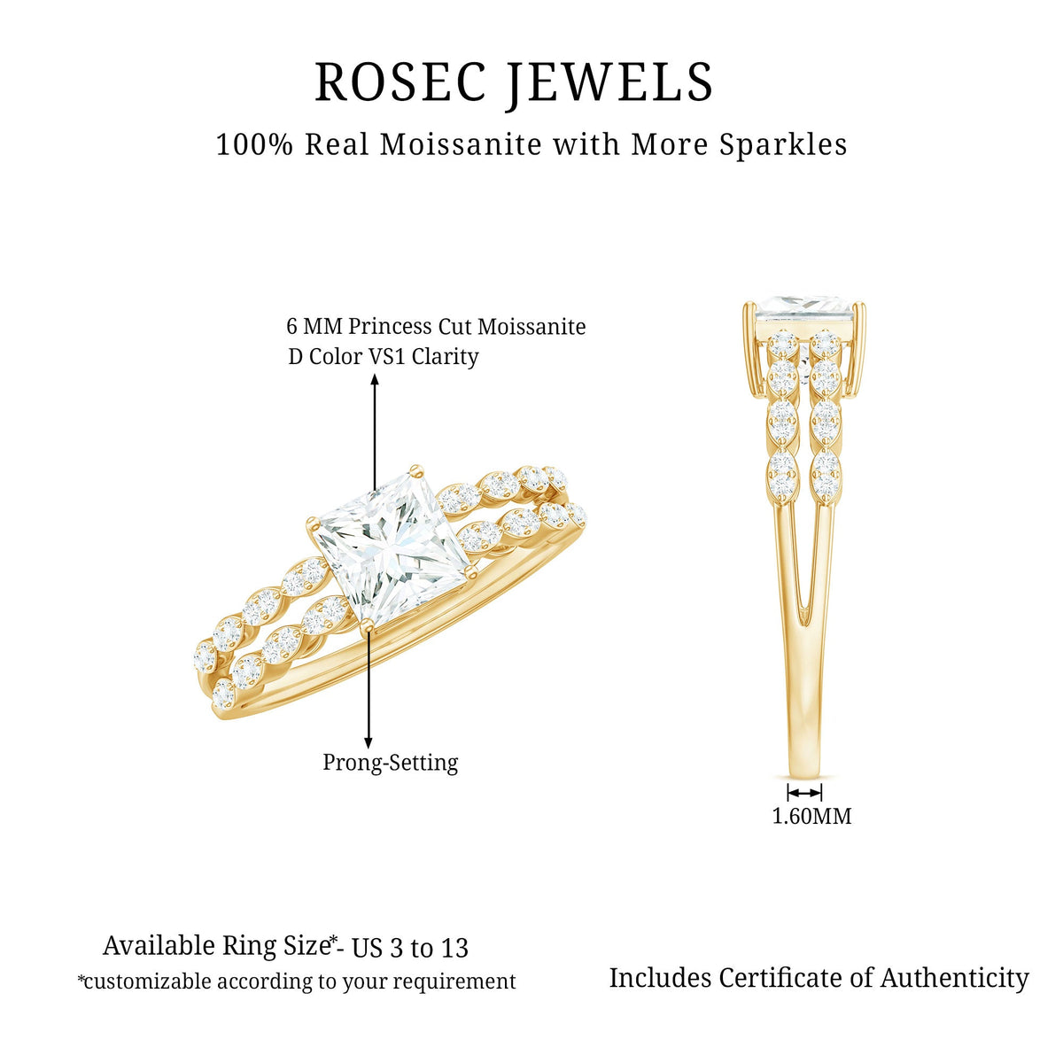 Certified Moissanite princess cut engagement ring in double band design by Rosec Jewels, featuring sparkling center stones and intricate detailing.