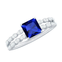 Certified 1.5 carat princess cut lab-grown blue sapphire double band engagement ring with diamonds by Rosec Jewels