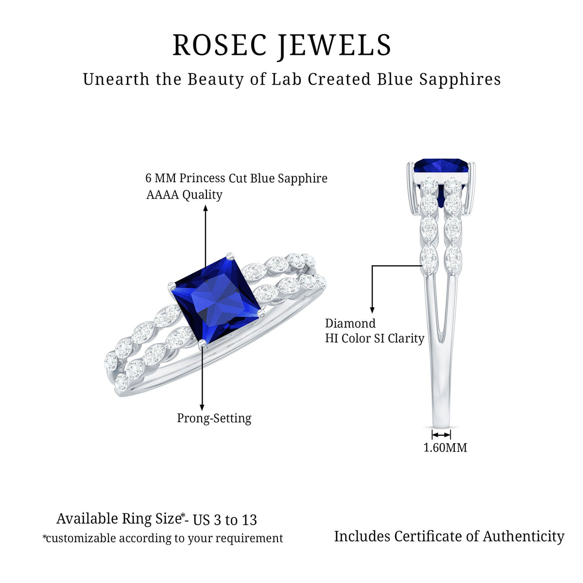 Certified 1.5 carat princess cut lab-grown blue sapphire double band engagement ring with diamonds by Rosec Jewels.