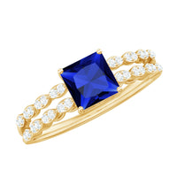 Certified 1.5 carat princess cut lab-grown blue sapphire double band engagement ring with diamonds, featuring Rosec Jewels branding.