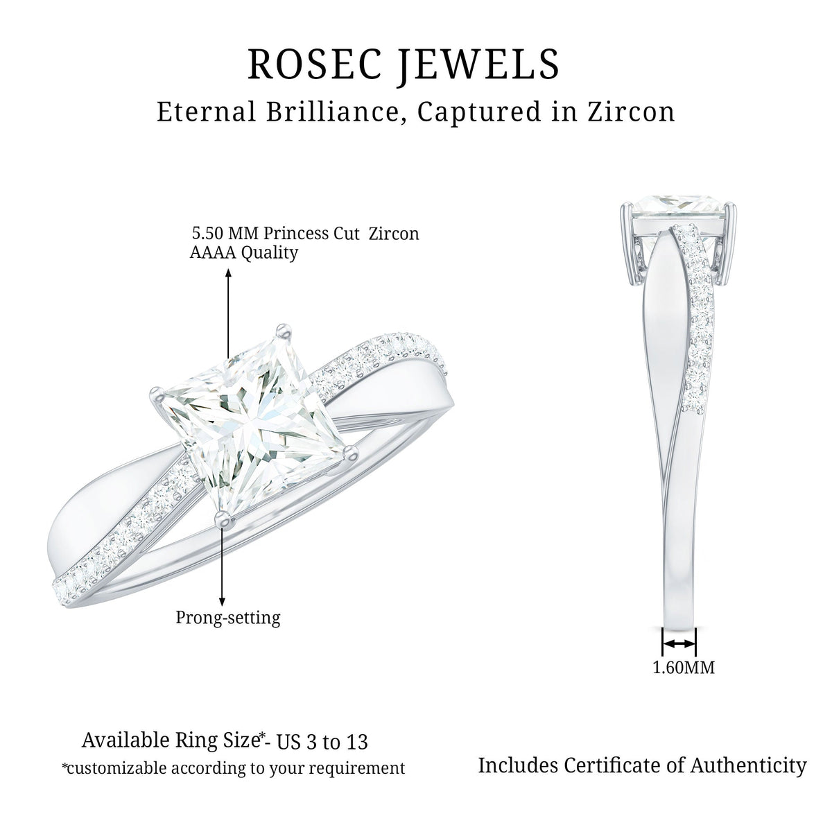 Rosec Jewels 1 Carat Princess Cut Cubic Zirconia Solitaire Engagement Ring with a shiny band and elegant design.