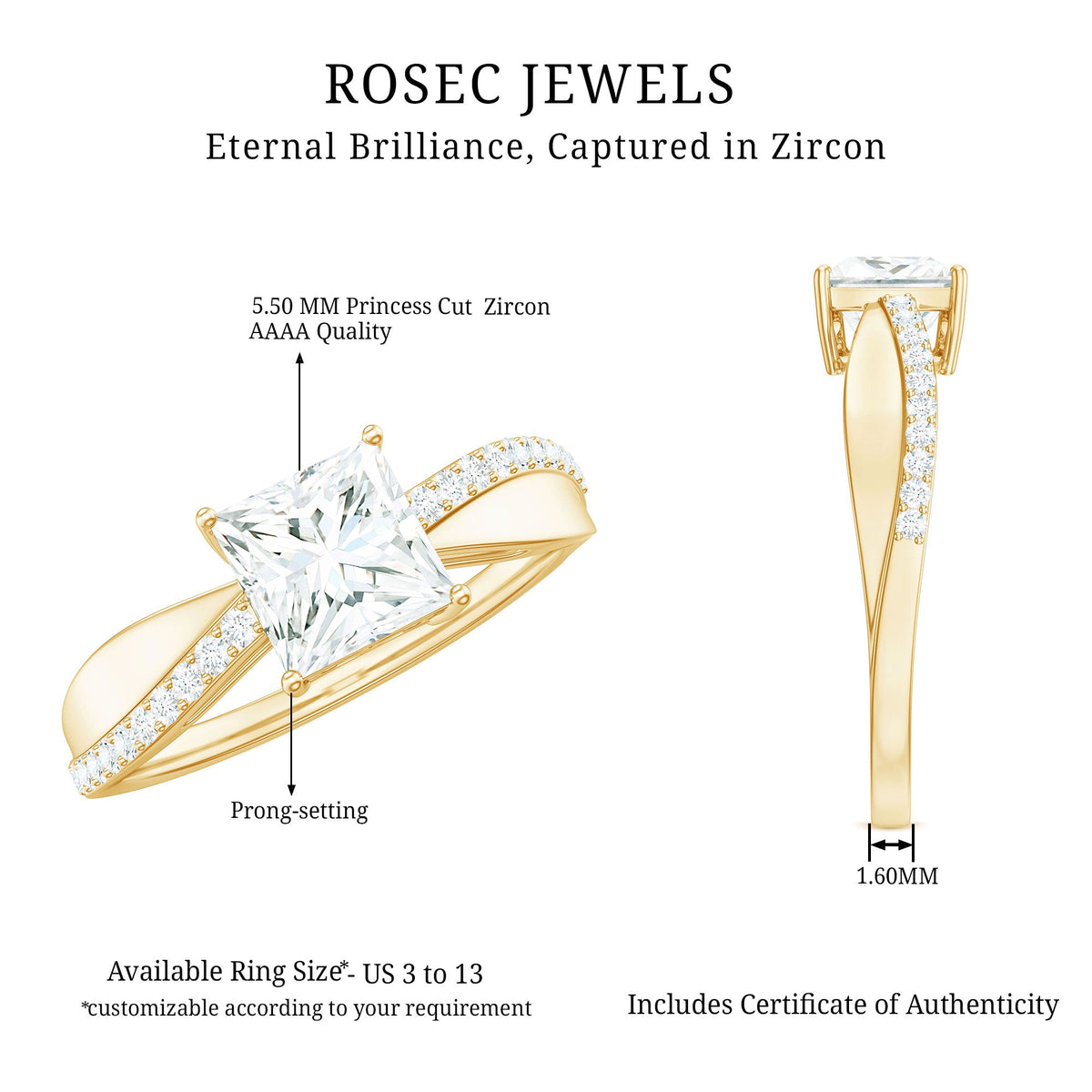 Rosec Jewels 1 Carat Princess Cut Cubic Zirconia Solitaire Engagement Ring with a sparkling princess cut center stone and sleek band