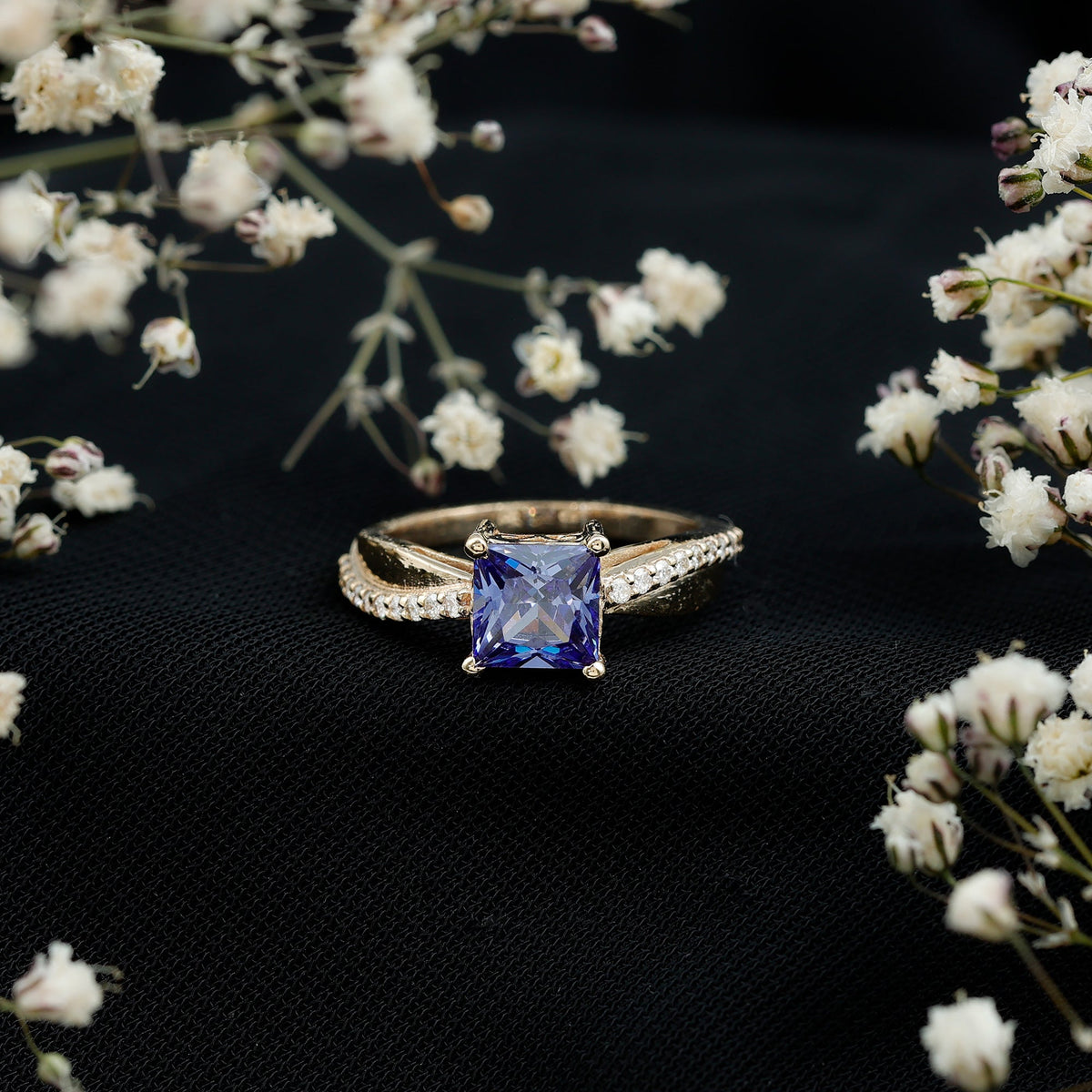 Lab grown blue sapphire princess cut engagement ring with diamonds by Rosec Jewels, featuring a 1.5 carat center stone.