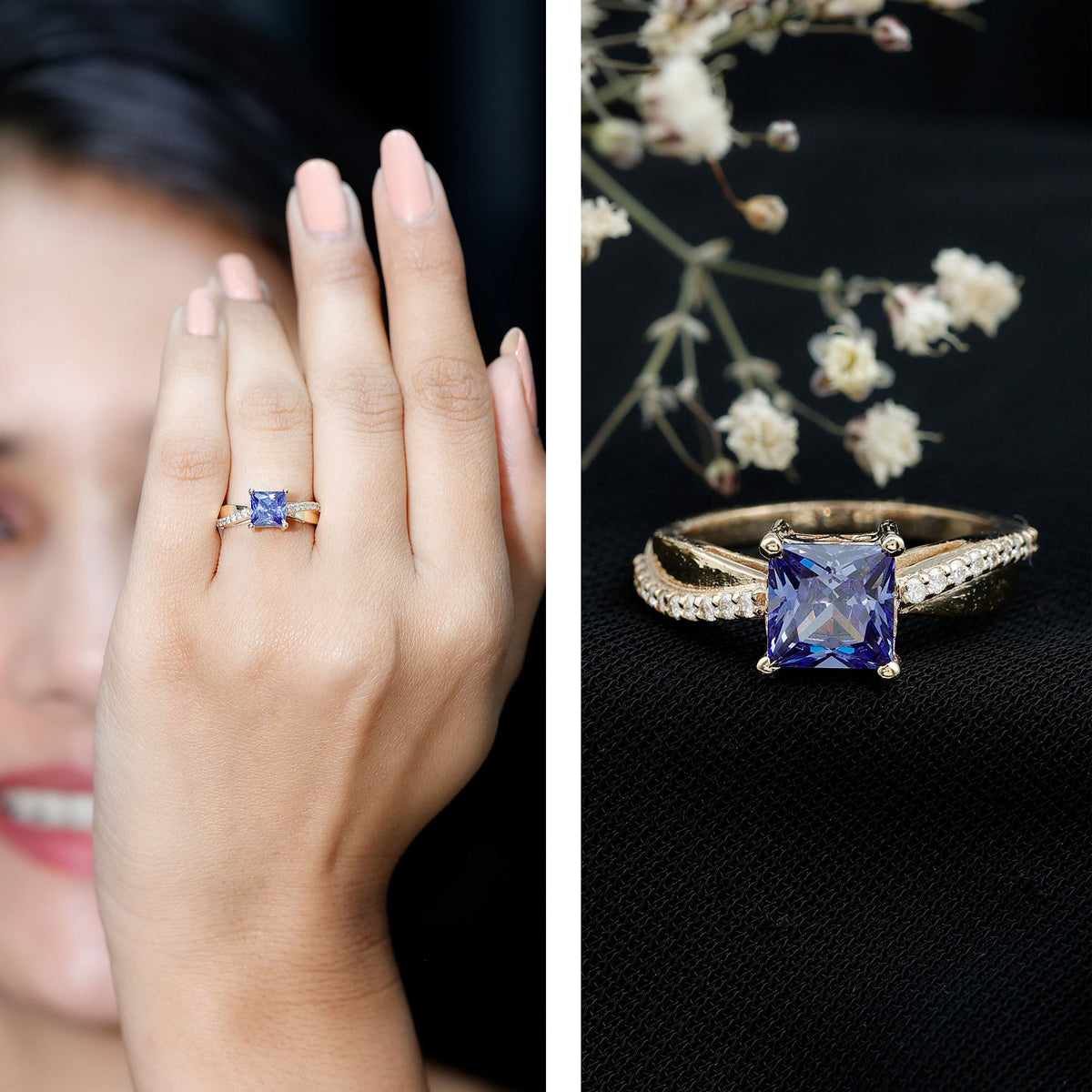 Lab grown blue sapphire princess cut engagement ring with diamonds, crafted by Rosec Jewels, featuring a 1.5 carat center stone.