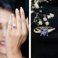 Lab grown blue sapphire princess cut engagement ring with diamonds, crafted by Rosec Jewels, featuring a 1.5 carat center stone.