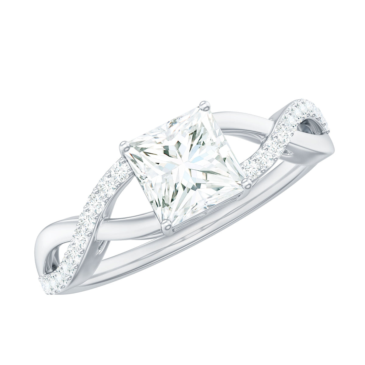 Princess cut moissanite crossover engagement ring for women by Rosec Jewels, featuring a sparkling princess cut centerpiece.