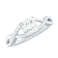 Princess cut moissanite crossover engagement ring for women by Rosec Jewels, featuring a sparkling princess cut centerpiece.