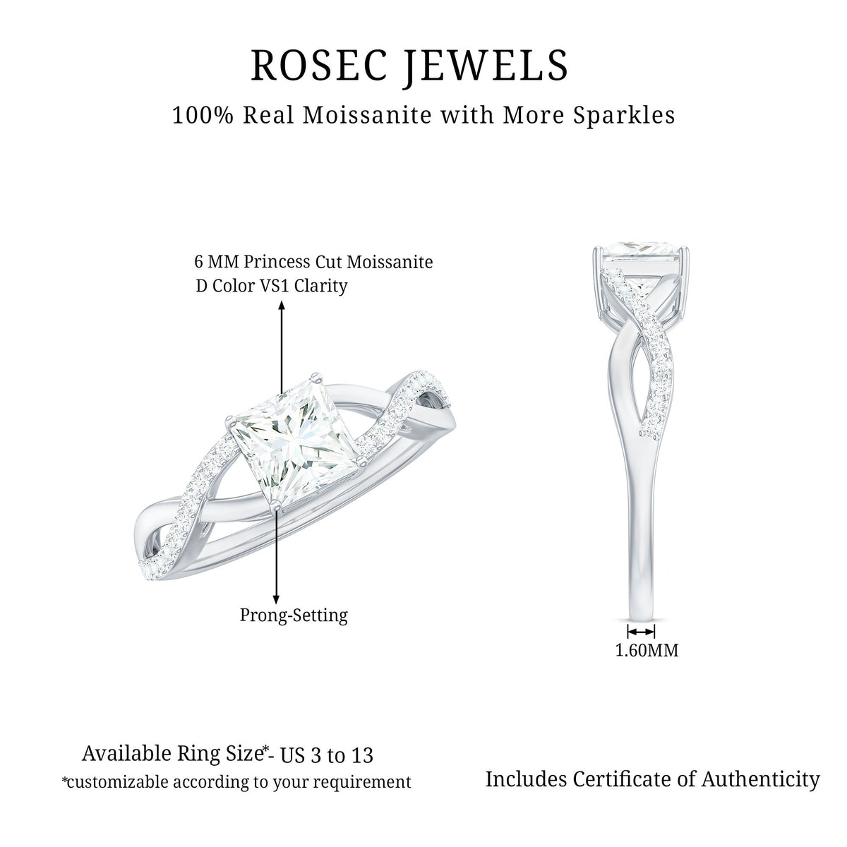 Princess cut moissanite crossover engagement ring for women by Rosec Jewels, featuring a sparkling princess cut stone and elegant band design.