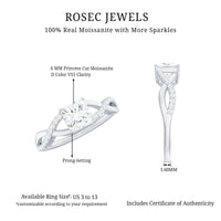 Princess cut moissanite crossover engagement ring for women by Rosec Jewels, featuring a sparkling princess cut stone and elegant band design.