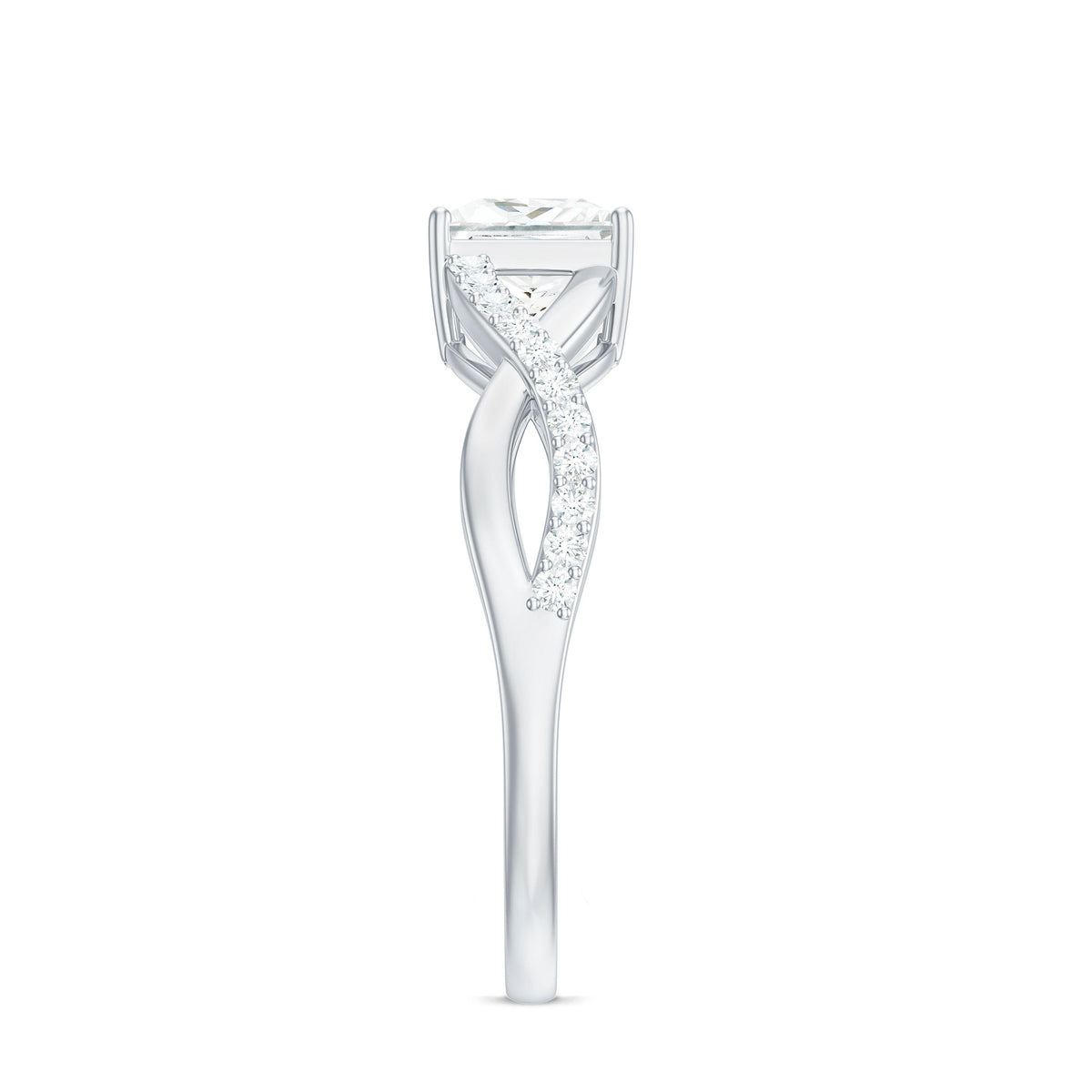 Princess cut moissanite crossover engagement ring for women with elegant band and sparkling center stone, by Rosec Jewels.