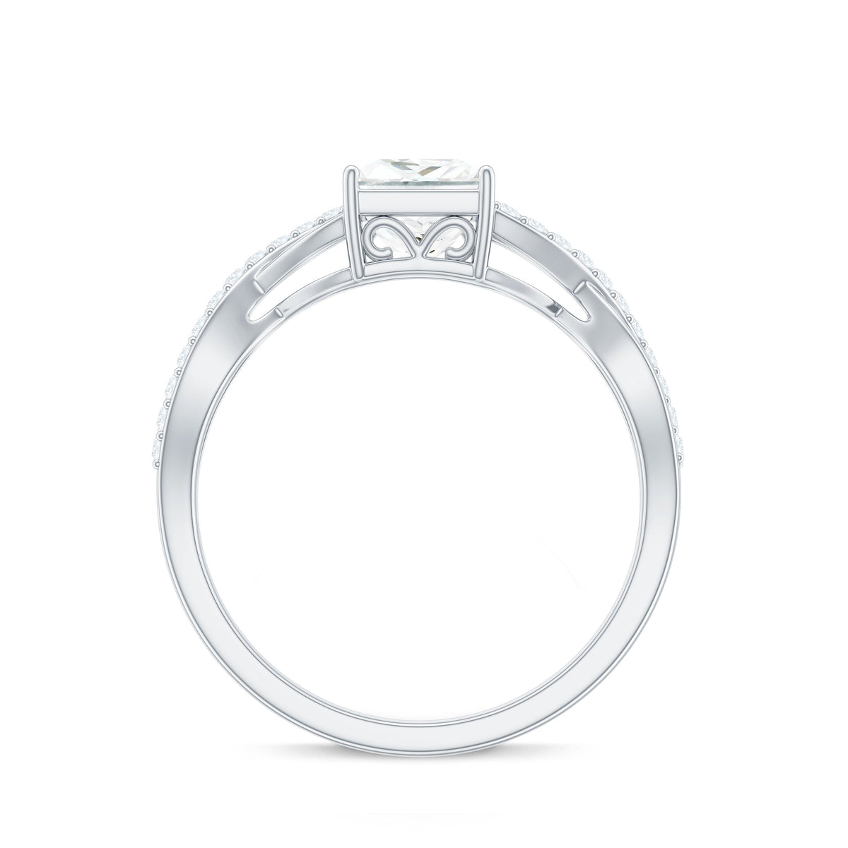 Princess cut moissanite crossover engagement ring for women featuring sparkling stones and intricate band design by Rosec Jewels.