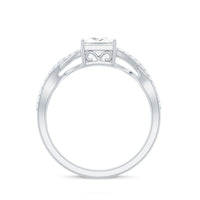 Princess cut moissanite crossover engagement ring for women featuring sparkling stones and intricate band design by Rosec Jewels.