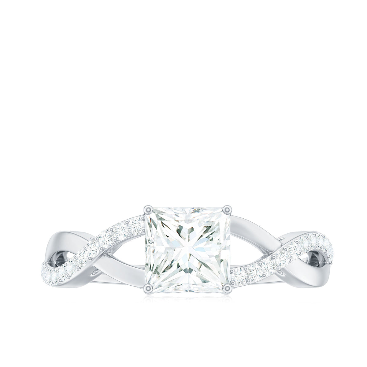 Princess cut moissanite crossover engagement ring for women by Rosec Jewels, showcasing a sparkling center stone and elegant band design.