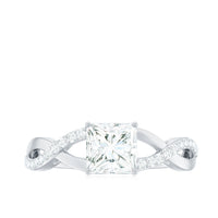 Princess cut moissanite crossover engagement ring for women by Rosec Jewels, showcasing a sparkling center stone and elegant band design.