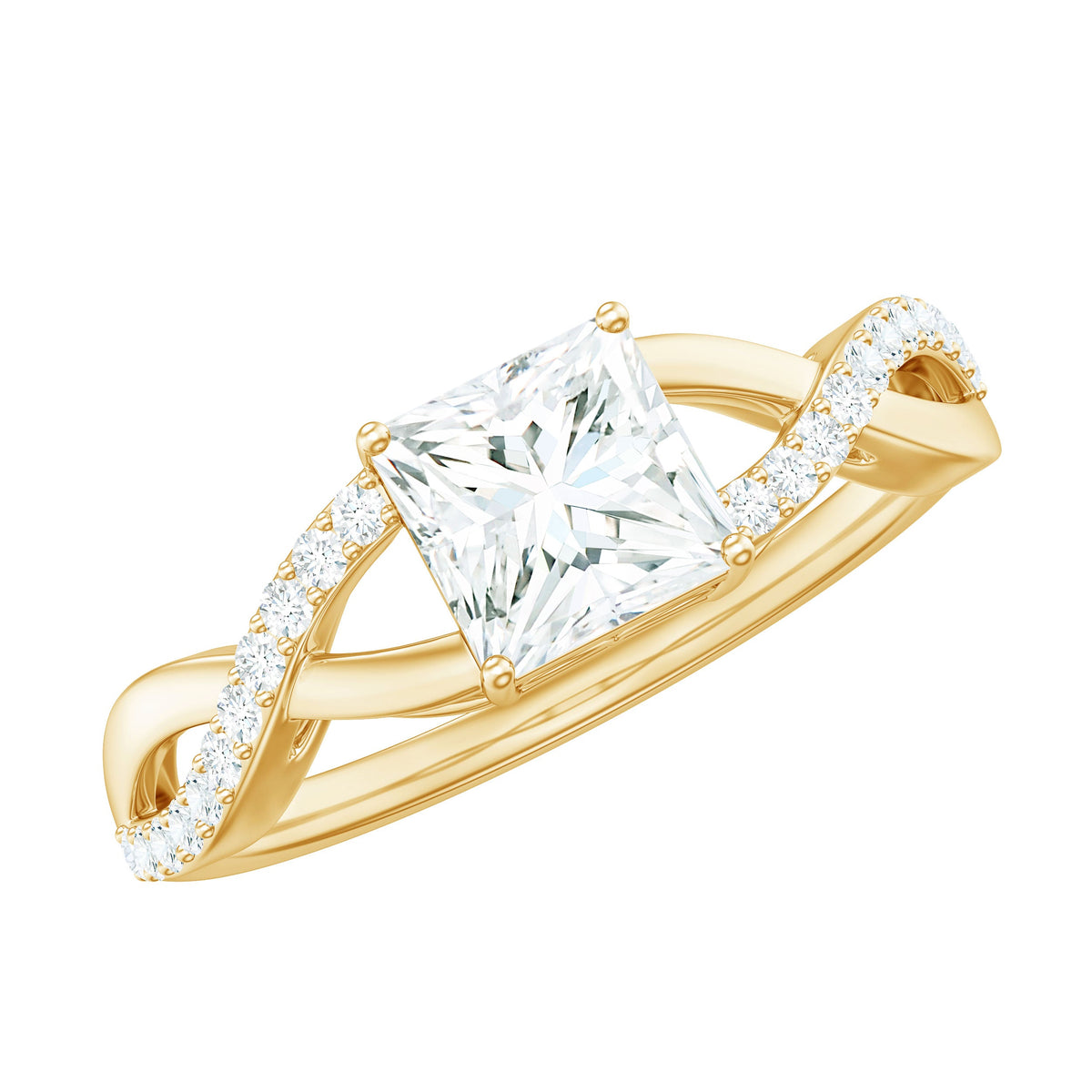 Princess cut moissanite crossover engagement ring for women featuring a sparkling princess cut center stone and elegant band design.