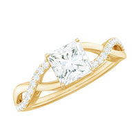 Princess cut moissanite crossover engagement ring for women featuring a sparkling princess cut center stone and elegant band design.