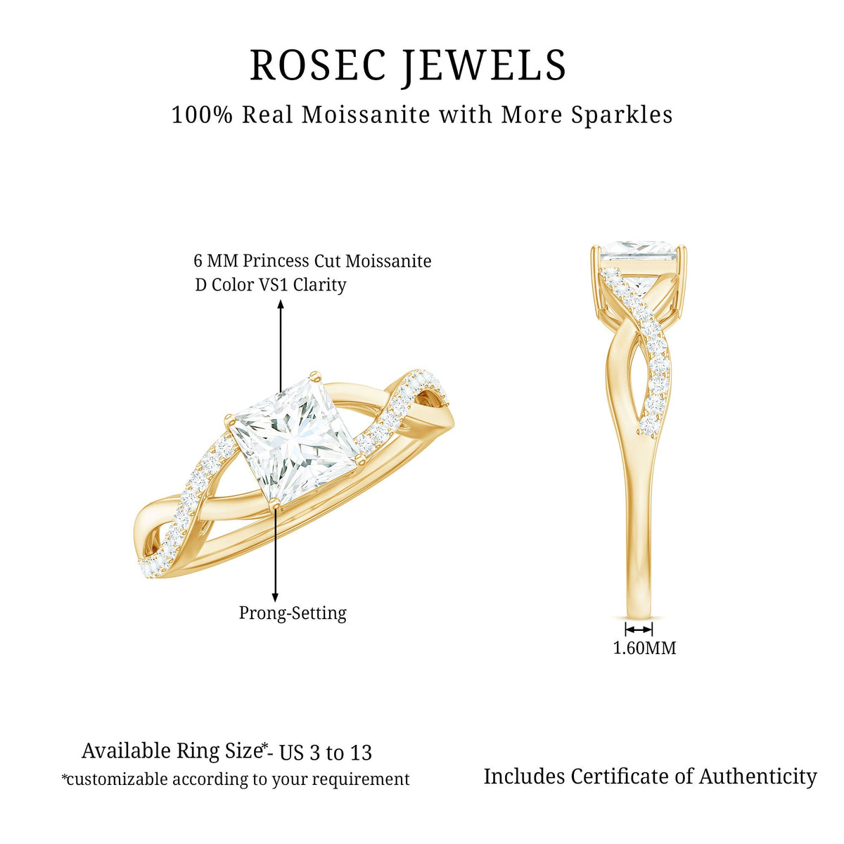 Princess cut moissanite crossover engagement ring for women with intricate band design, crafted by Rosec Jewels.