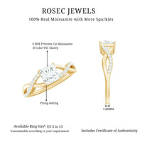 Princess cut moissanite crossover engagement ring for women with intricate band design, crafted by Rosec Jewels.