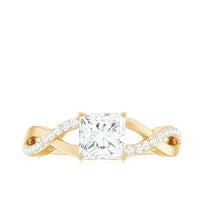 Princess cut moissanite crossover engagement ring for women featuring a sparkling center stone and intricate band design by Rosec Jewels.