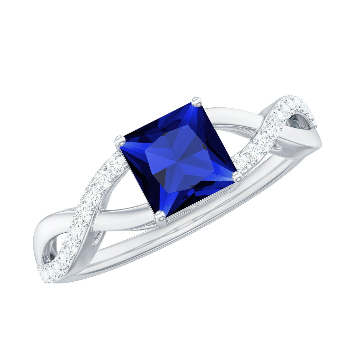 Rosec Jewels 1.5 carat lab-grown blue sapphire princess cut engagement ring with diamond crossover shank, showcasing elegant jewelry design.