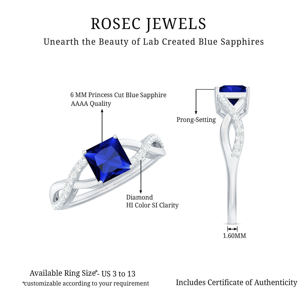 Lab-grown blue sapphire princess cut engagement ring with diamond crossover shank by Rosec Jewels, showcasing sparkling gemstones.