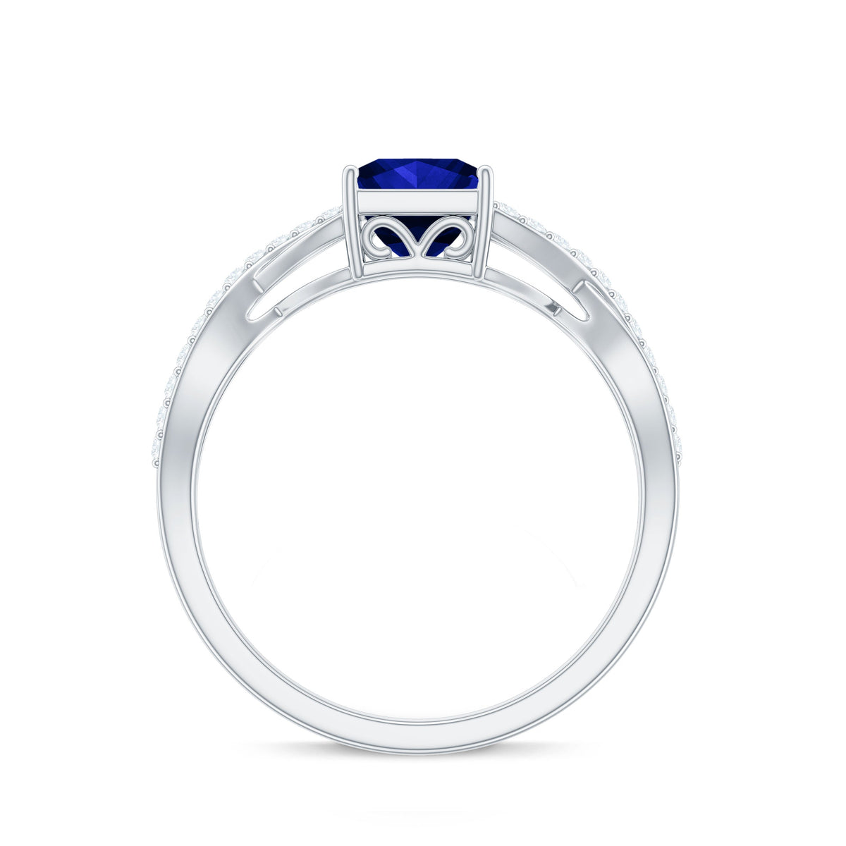 Lab grown 1.5 carat blue sapphire princess cut engagement ring with diamond crossover shank by Rosec Jewels.