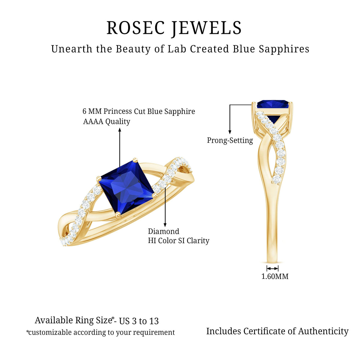 Lab-grown 1.5 carat blue sapphire princess cut engagement ring with diamond crossover shank by Rosec Jewels.