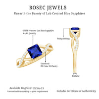 Lab-grown 1.5 carat blue sapphire princess cut engagement ring with diamond crossover shank by Rosec Jewels.