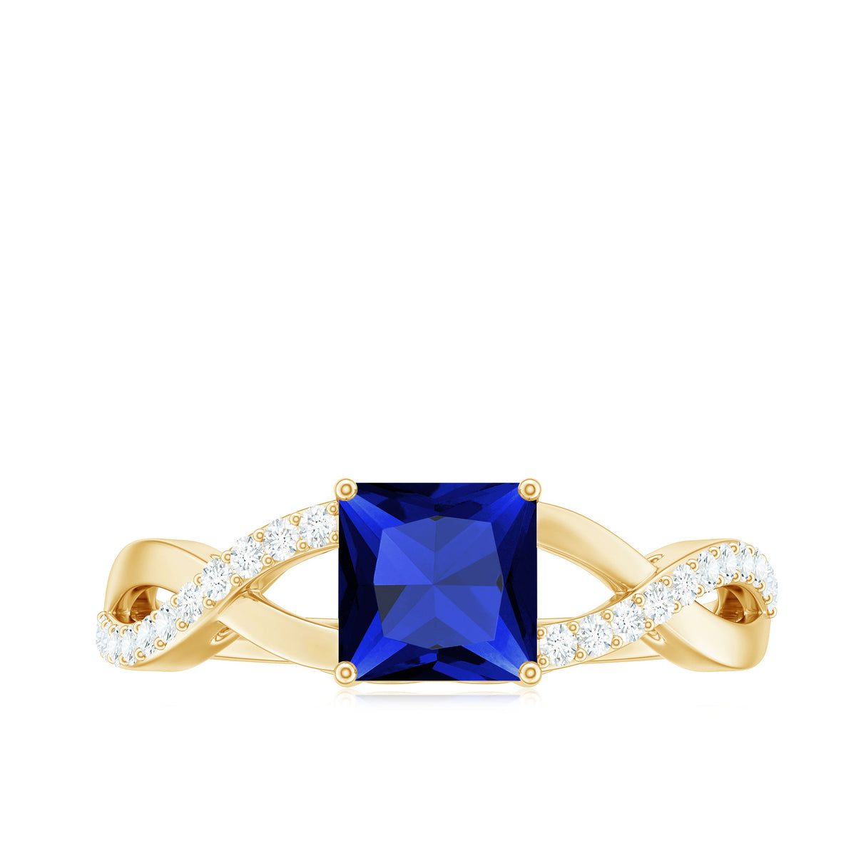Lab-grown blue sapphire princess cut engagement ring with diamond crossover shank, featuring a 1.5 carat sapphire by Rosec Jewels.