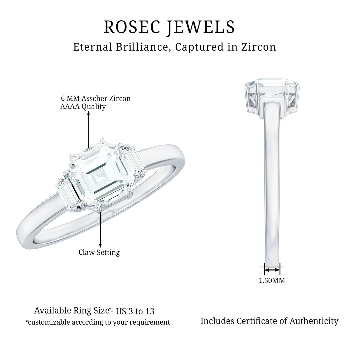Asscher cut 1.50 CT zircon solitaire engagement ring by Rosec Jewels with a sleek band and sparkling central stone.