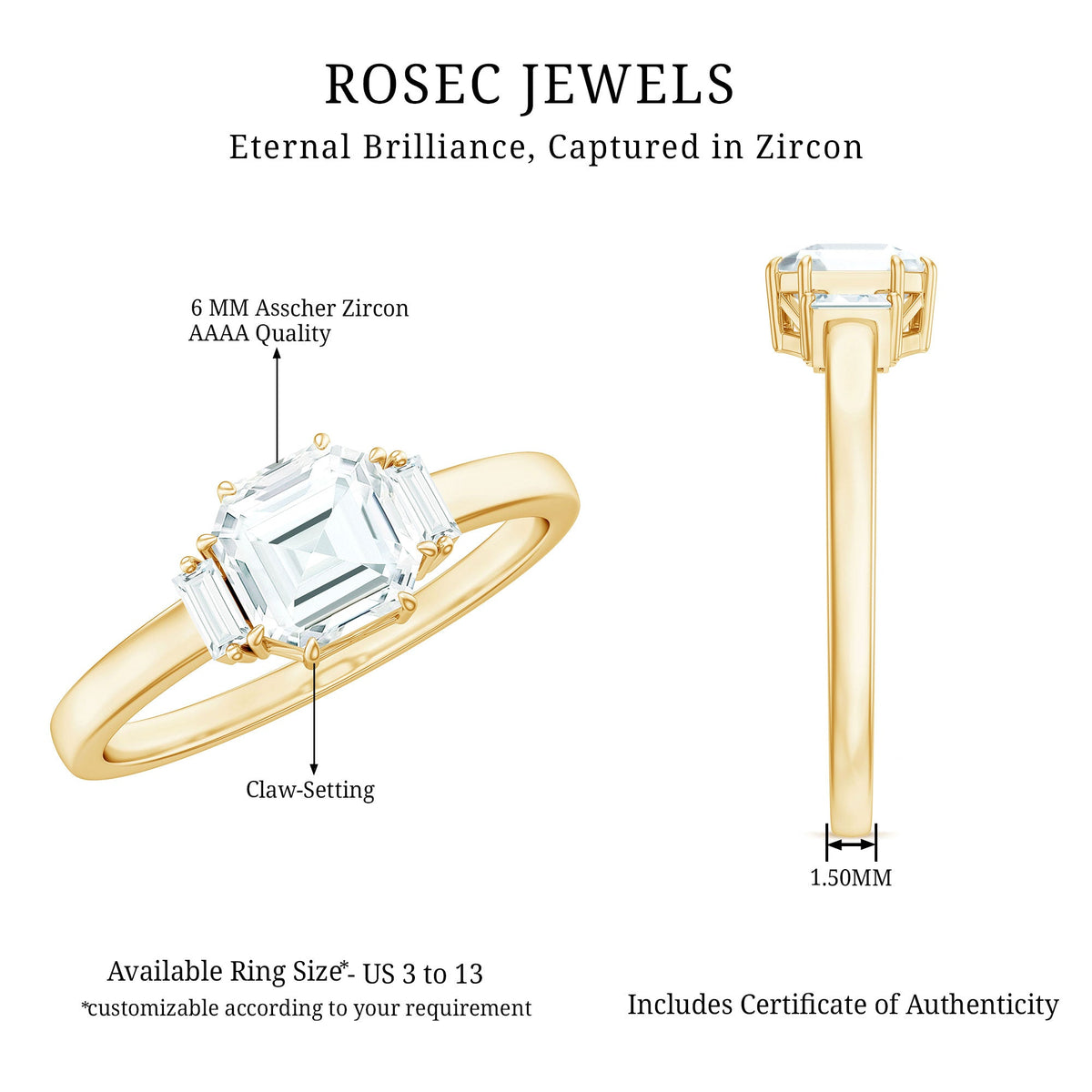 Asscher cut 1.50 CT zircon solitaire engagement ring with a sleek band, crafted by Rosec Jewels.
