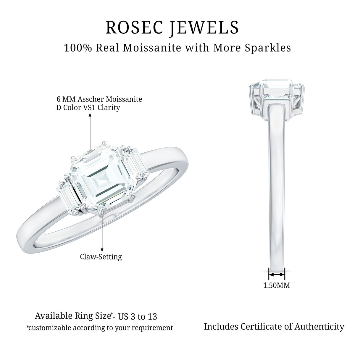 Asscher cut moissanite engagement ring by Rosec Jewels with certificate, showcasing the sparkling center stone and elegant band.