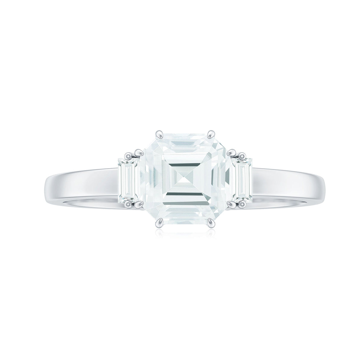 Asscher cut moissanite engagement ring by Rosec Jewels featuring a sparkling stone and elegant band with certificate of authenticity.