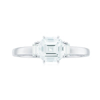 Asscher cut moissanite engagement ring by Rosec Jewels featuring a sparkling stone and elegant band with certificate of authenticity.
