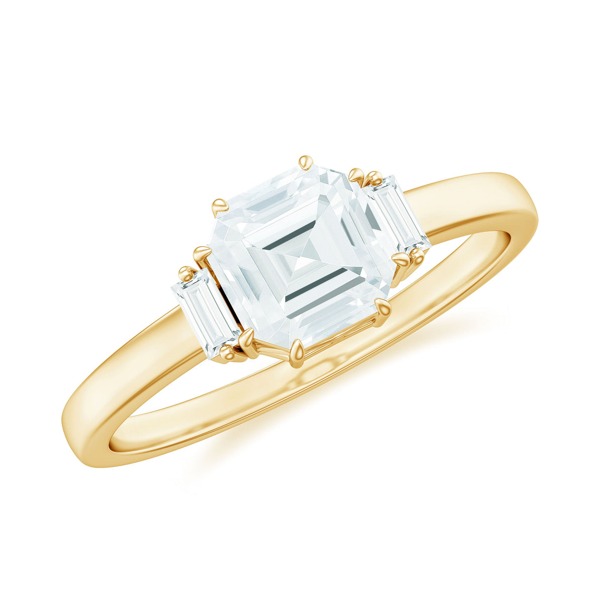Asscher cut moissanite engagement ring by Rosec Jewels with certificate, showcasing the sparkling center stone and elegant band design.