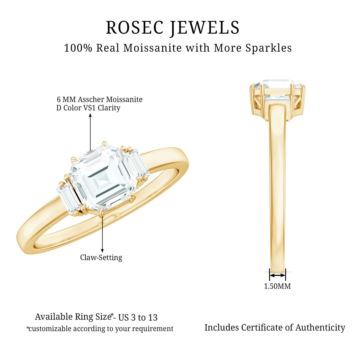 Asscher cut moissanite engagement ring by Rosec Jewels featuring a sparkling gemstone and intricate band detailing.