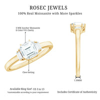 Asscher cut moissanite engagement ring by Rosec Jewels featuring a sparkling gemstone and intricate band detailing.