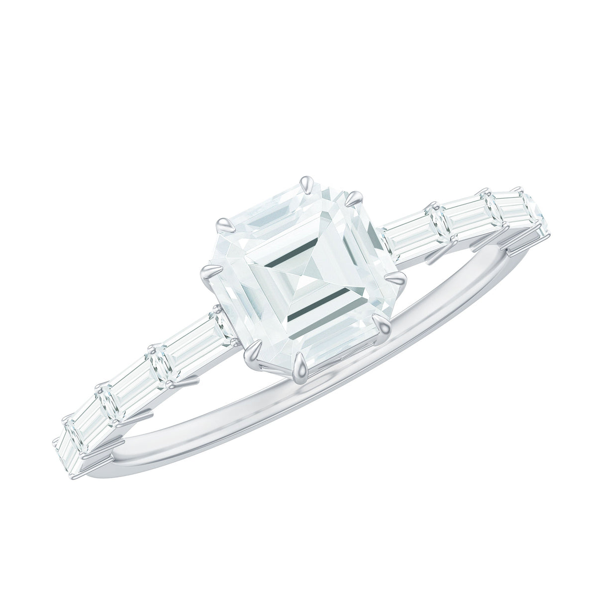 Asscher cut moissanite engagement ring with baguette side stones and rose gold band by Rosec Jewels.
