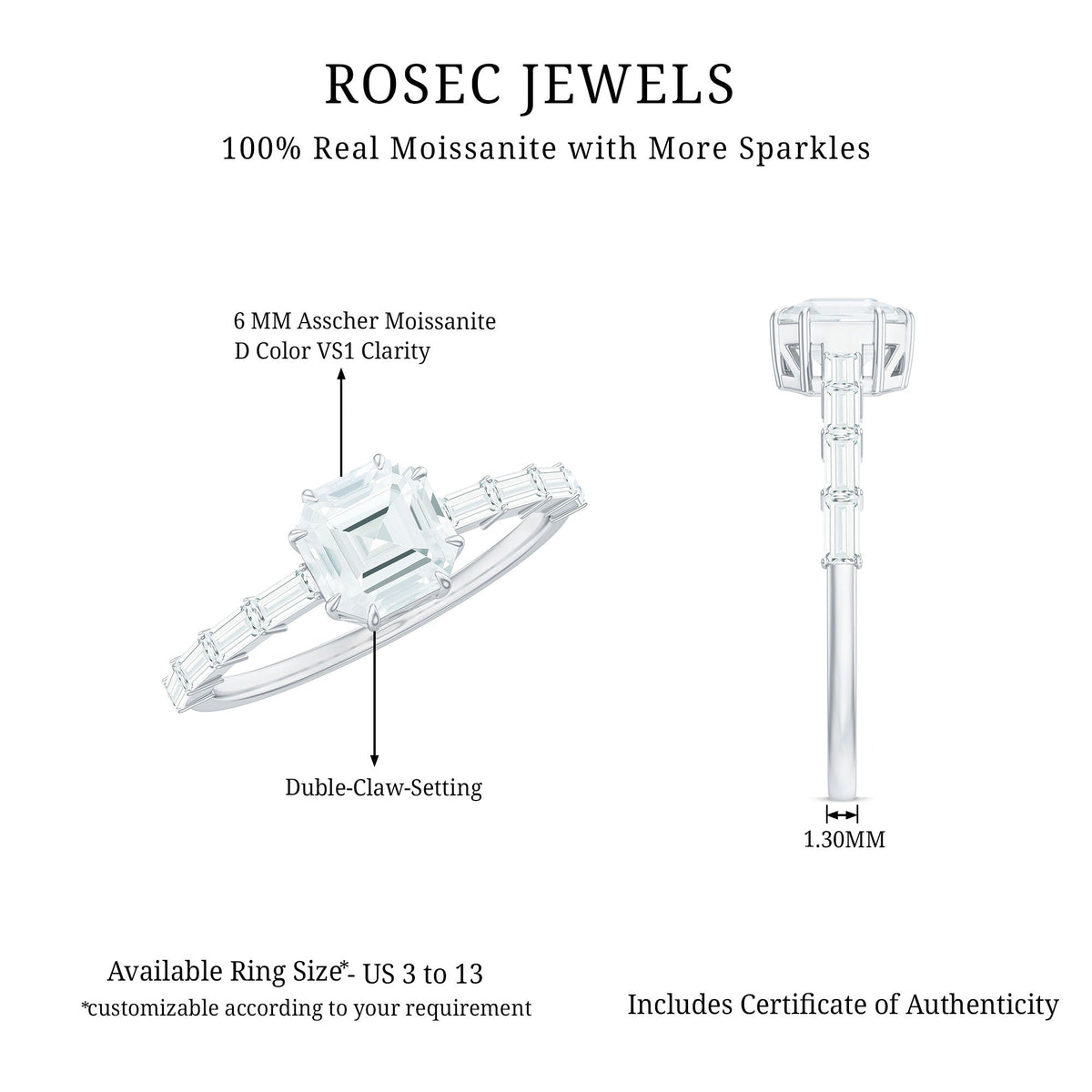 Asscher cut moissanite engagement ring with baguette side stones, featuring a sleek band and sparkling center stone.