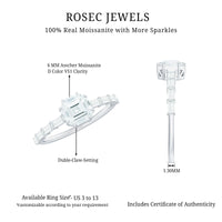 Asscher cut moissanite engagement ring with baguette side stones, featuring a sleek band and sparkling center stone.