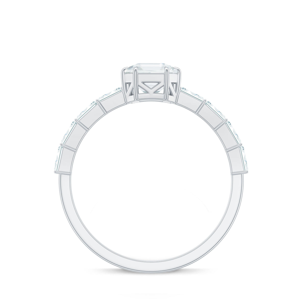 Asscher cut moissanite engagement ring with baguette side stones and rose gold band by Rosec Jewels.