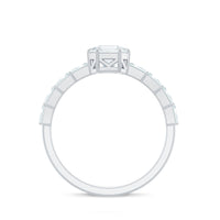 Asscher cut moissanite engagement ring with baguette side stones and rose gold band by Rosec Jewels.